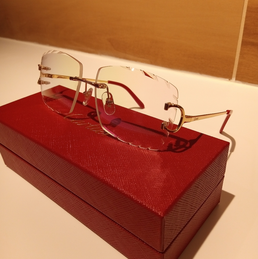Cartier C decor Gold Wire Clear Diamond Cut Lens Rimless Glasses